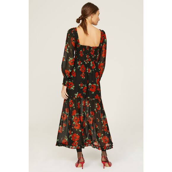 RIXO Black Red Poppy Floral Flowy Airy Yas Midi Dress size Medium - Picture 9 of 16